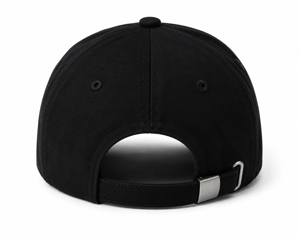 The back view of a black baseball cap with an adjustable strap and a silver metal buckle, shown on a plain white background.